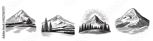 Vintage Mountain Illustrations in Black and White for Design Use, vintage retro hipster logo design, vector illustration, engraving design