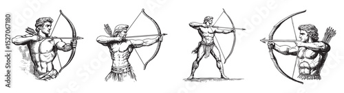 Classic Archers with Bows and Arrows in Various Poses and Styles, vintage retro hipster logo design, vector illustration, engraving design