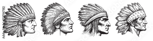 Traditional Native American Headdresses Illustrations in Profile View, vintage retro hipster logo design, vector illustration, engraving design