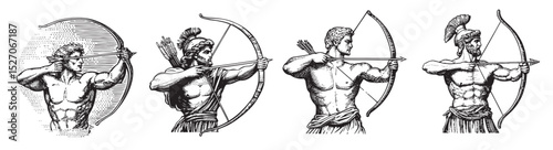 Classical Archers in Various Poses Depicted in Vintage Style, vintage retro hipster logo design, vector illustration, engraving design