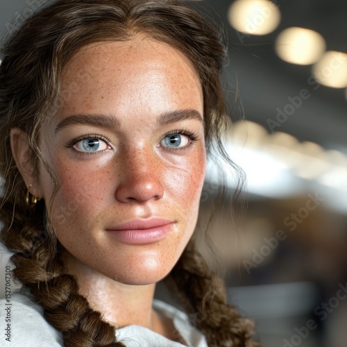 A young woman with freckles and braided hair looks directly at the viewer, her blue eyes sparkling in a gently lit indoor space, creating an inviting and warm atmosphere.