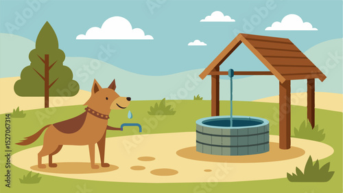 A lone dog wanders past the well its panting tongue a reminder of the desperate need for a reliable water source in this forgotten rural area.. Vector illustration