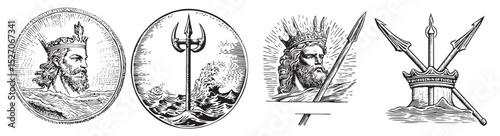 Vintage Engravings of Mythological Sea God and Trident Symbolism, vintage retro hipster logo design, vector illustration, engraving design