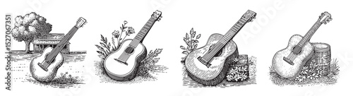 Hand-Drawn Guitar Illustrations for Vintage Music-Themed Designs, vintage retro hipster logo design, vector illustration, engraving design