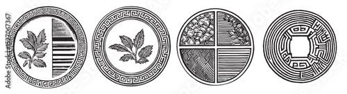 Vintage Style Botanical Illustration Set of Four Circular Designs, vintage retro hipster logo design, vector illustration, engraving design