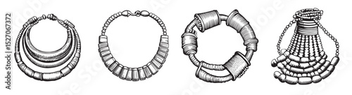 Detailed Collection of Vintage Jewelry Illustrations in Black and White, vintage retro hipster logo design, vector illustration, engraving design