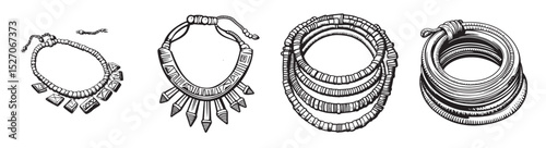 Intricate Hand-Drawn Jewelry Designs Featuring Various Accessories, vintage retro hipster logo design, vector illustration, engraving design