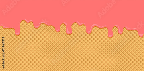 Strawberry melt waffle background, candy ice cream cone pattern, pink liquid drip flow, sweet red jelly melt wafer. Syrup dessert bg. Cartoon berry jam splash banner. Yummy food vector illustration