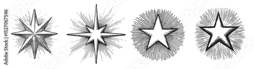 Vintage Star Illustrations with Radiating Lines in Black and White, Set Logo design, Vector Illustration, Engraving style
