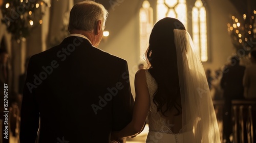 Bride holding her father's hand tightly as they approach the altar, emotional scene, wedding day moment generative ai