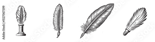 Vintage Quill Pens and Inkwell Illustrations in Black and White, Set Logo design, Vector Illustration, Engraving style