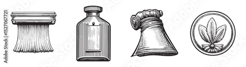 Vintage Illustrations of Apothecary Items and Herbal Elements, Set Logo design, Vector Illustration, Engraving style
