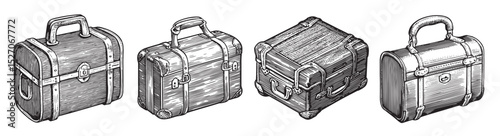 Vintage Luggage Collection with Detailed Wood Texture and Design, Set Logo design, Vector Illustration, Engraving style