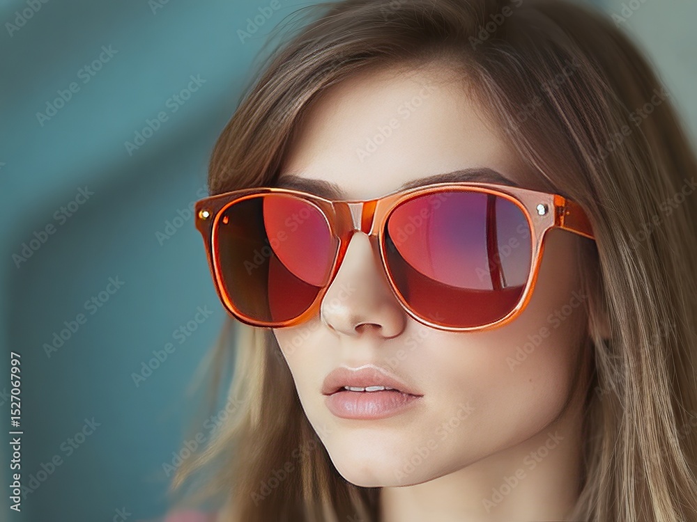 Naklejka premium Close up of a woman with long brown hair wearing orange framed sunglasses with red tinted lenses outdoors