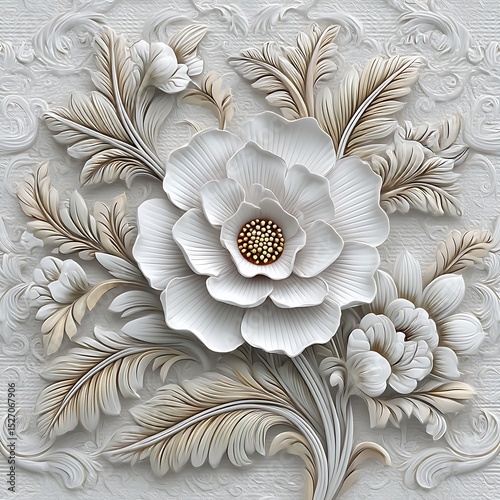 Decorative embossed floral composition with petals and curling stems high resolution photo