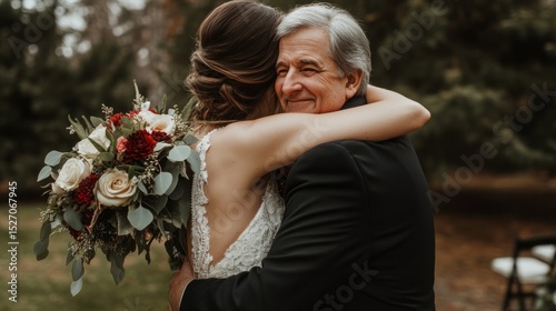 Bride hugging her father before walking down the aisle, candid moment, wedding day memory generative ai