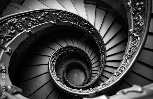 Vintage spiral staircase with intricate details. Architectural design with carved, decorative elements, circular shape leads upwards. Classic building interior, black, white, monochrome, abstract