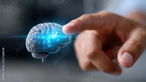 A hand reaches out to touch a three-dimensional brain model emitting glowing effects, symbolizing the interaction between human cognition and technology in a contemporary setting.