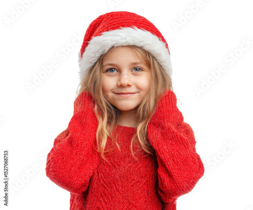 Cheerful child wearing Santa hat for holiday joy, cut out transparent 