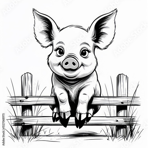 Cute piglet perched on a rustic fence