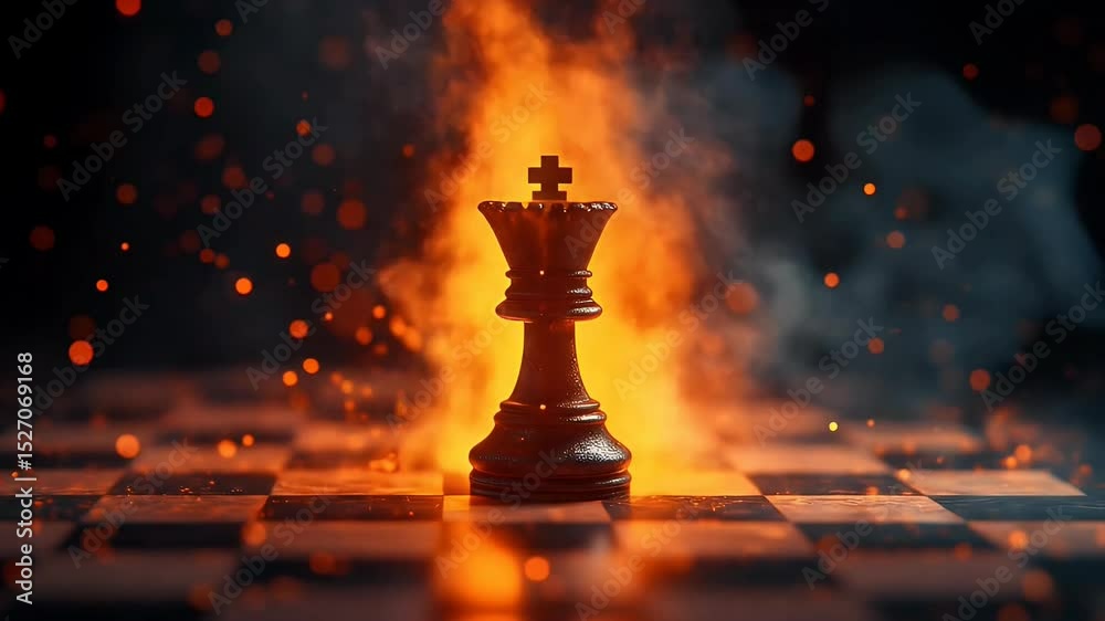 Lit chess king on board with smoky, fiery background