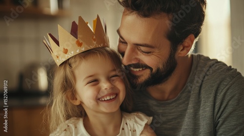 Dad and daughter wearing paper crowns, playtime together, kitchen background, love and imagination generative ai