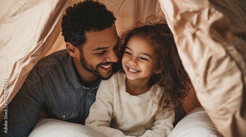 Dad and daughter building a pillow fort together, fun indoor bonding, parenting with creativity generative ai