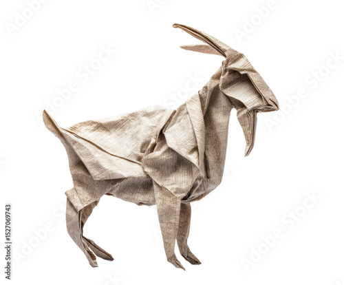 Textured paper origami goat with detailed folds, cut out transparent 
