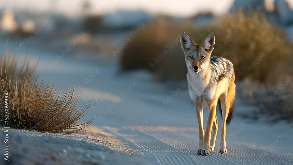 A jackal trotting along a dirt path in the early morning