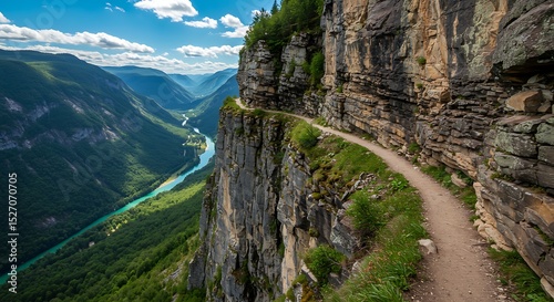 Towering cliffside with winding trail along the edge