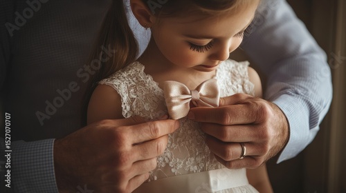 Dad tying a bow on his daughter's dress before a party, close-up on loving gesture, care and pride generative ai