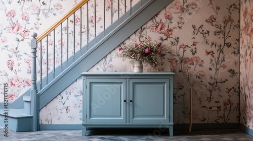 Teal cabinet with floral wallpaper and staircase in a hallway.