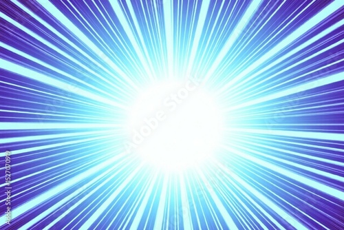 Powerful anime explosion effect - dynamic radial lines burst from bright center on blue bg. Dramatic comic book style zoom speed lines, white beams spreading out. Manga light rays, superhero action.

