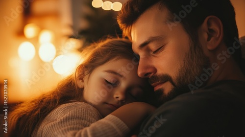 Daughter asleep on her father's chest on the couch, warm ambient lighting, generative ai