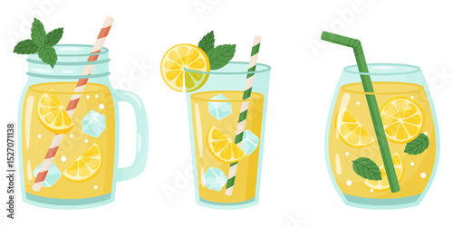 Homemade lemonade vector illustration. Lemonade in various dishes.