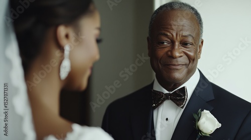 Excited father looking at the bride in her wedding dress, proud moment, generative ai