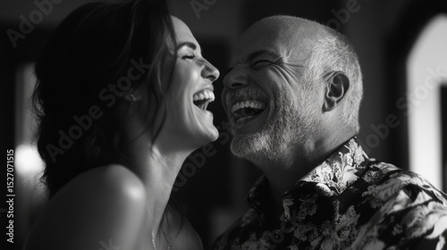 Father and bride laughing together during wedding preparations, a joyful and heartfelt memory, a wedding day theme. generative ai
