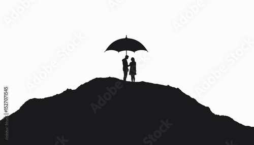 Couple standing under umbrella on a hilltop silhouette  