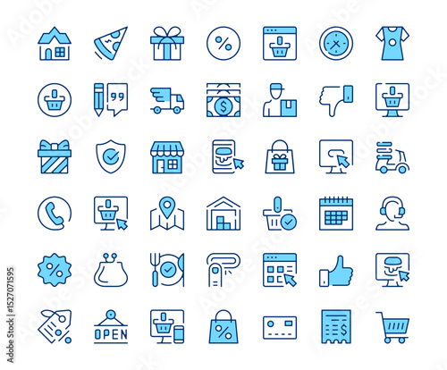 Online shopping icons. Vector line icon set. Modern outline design. Blue concept