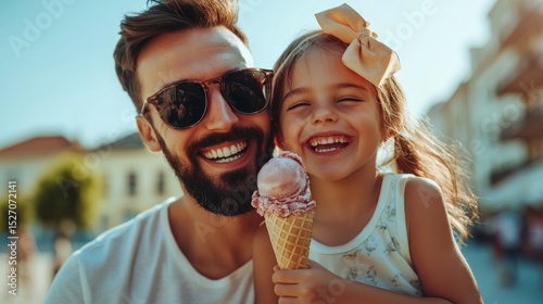 Father and daughter sharing an ice cream cone, big smiles, candid summer memory, happy parenting generative ai
