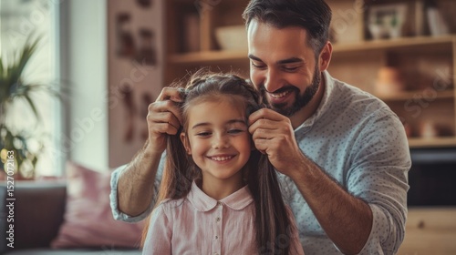 Father braiding his daughter's hair in a cozy living room, warm tones, bonding moment, Father's Day concept generative ai
