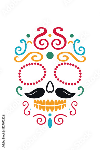 Colorful sugar skull with mustache and floral swirls, flat vector design for Día de los Muertos celebration