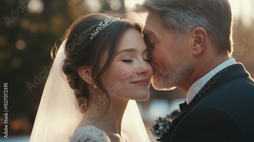 Father giving his daughter a goodbye kiss on the cheek, last moment before the ceremony, wedding day generative ai