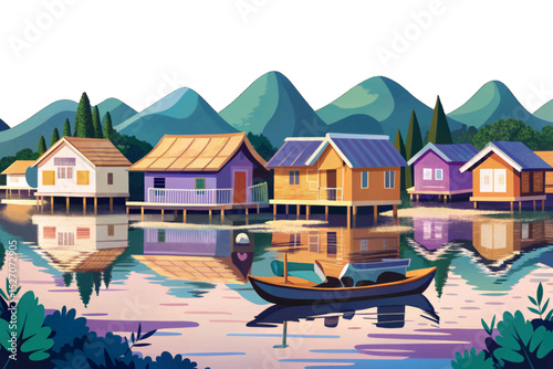 Vector illustration of a floating village over calm lake water perfect for tranquil cultural scenes, travel posters, and peaceful waterfront designs