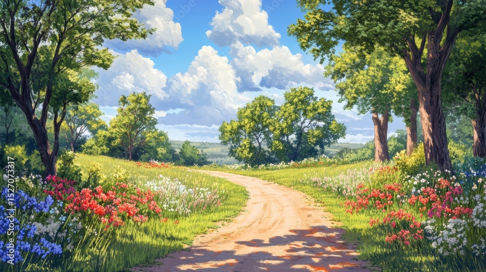 Fototapeta premium Sunny path winding through vibrant wildflowers and lush green trees on a bright summer day.