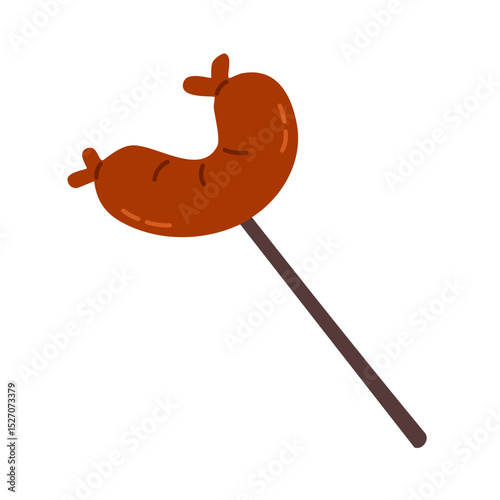 Grilled sausage on a wooden stick, perfect for campfire cooking, BBQ, or camping meals