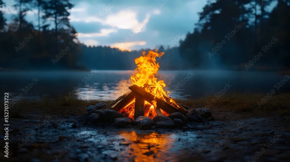 Fototapeta premium A warm campfire illuminates the serene lake at dusk, inviting relaxation and reflection.