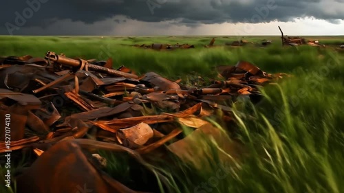 Rusty metal debris scattered across a grassy field under ominous clouds.  The remnants of vehicles and machinery are broken and rusting amidst tall grass