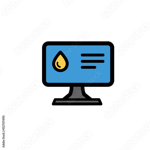 Computer monitor displaying liquid measurement icon in blue  