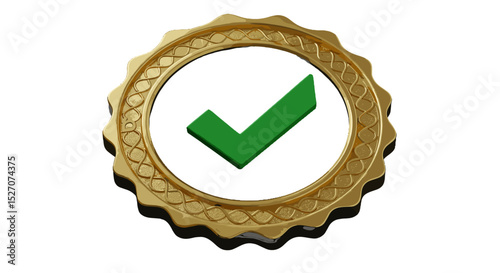 Gold seal with green check mark on white background  
